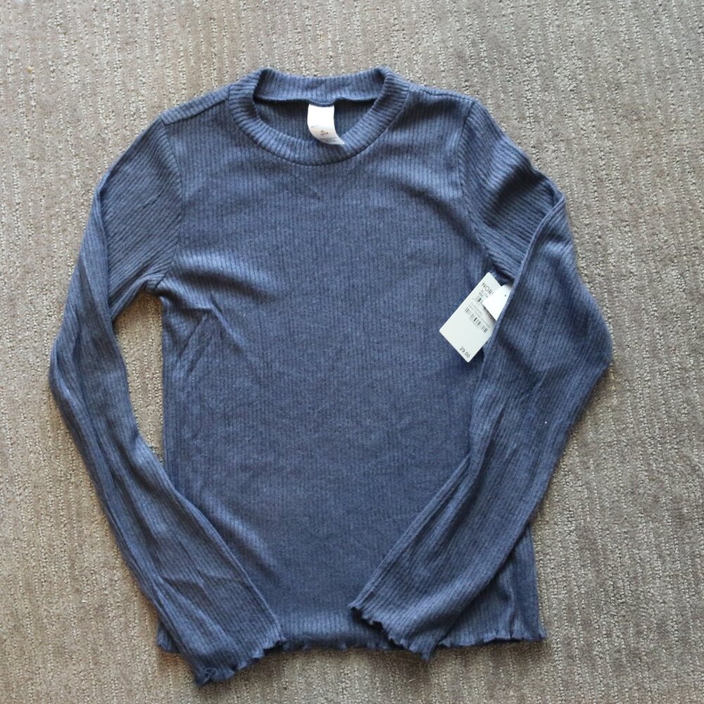 NWT Nordstrom Soft Ribbed Long Sleeve Top Lettuce Hem Navy Blue Teen Girls XL